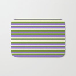 [ Thumbnail: Green, Purple, and Beige Colored Lines Pattern Bath Mat ]