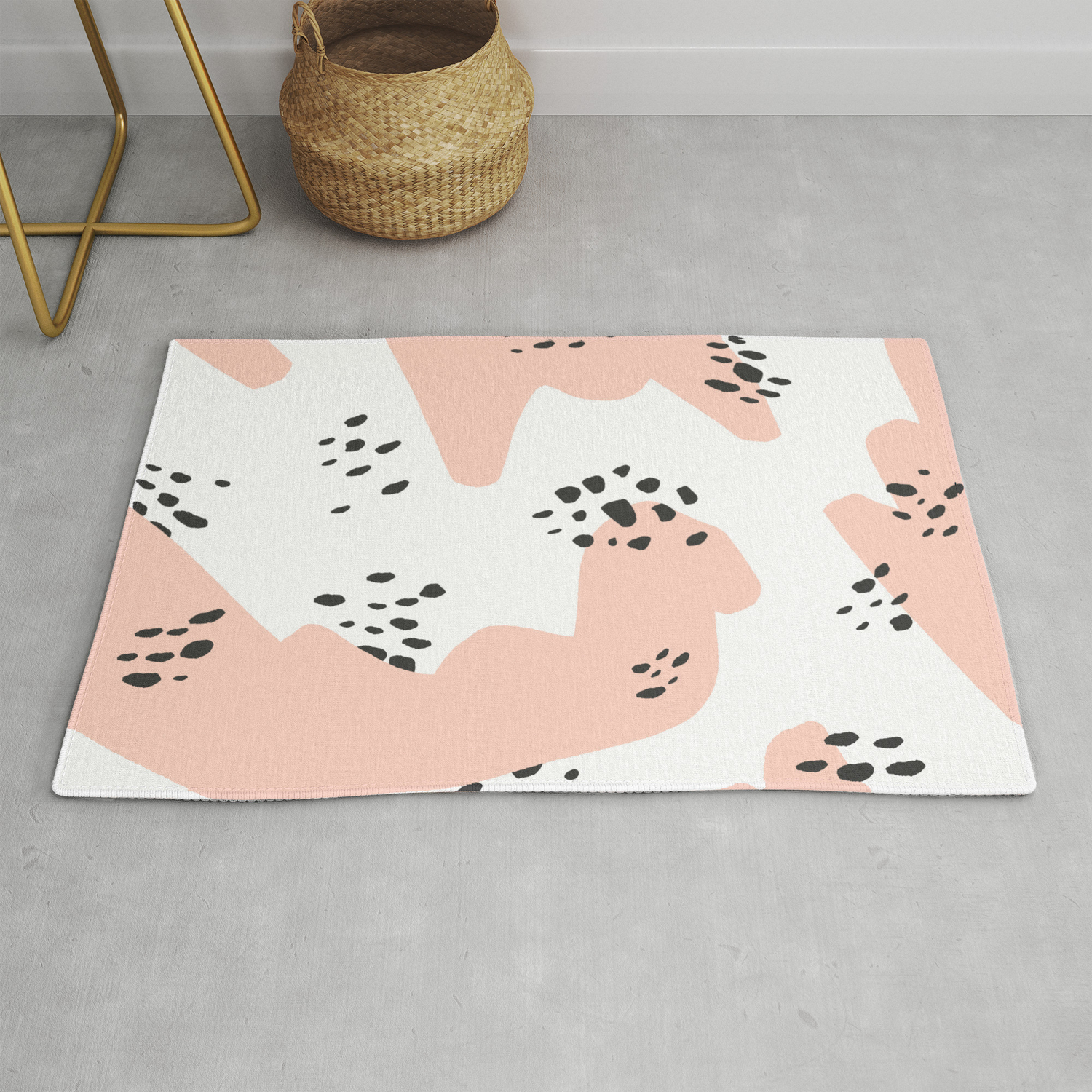 Modern Blush Pink Abstract Color Block Black Polka Dots
