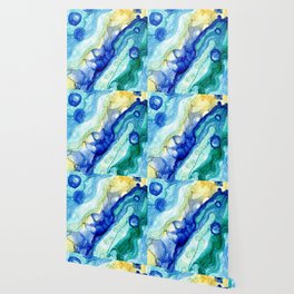 Blue Green Yellow bubble Alcohol Ink Abstract by Herzart Wallpaper