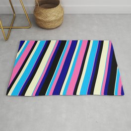 [ Thumbnail: Vibrant Deep Sky Blue, Hot Pink, Dark Blue, Black, and Light Yellow Colored Lines/Stripes Pattern Rug ]