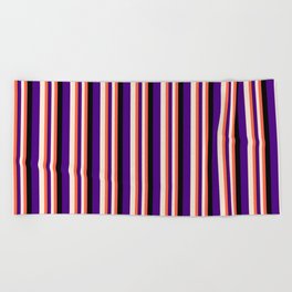 [ Thumbnail: Red, Beige, Indigo, and Black Colored Stripes Pattern Beach Towel ]