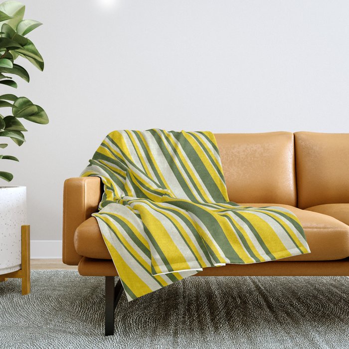 Yellow, Dark Olive Green & Beige Colored Striped Pattern Throw Blanket