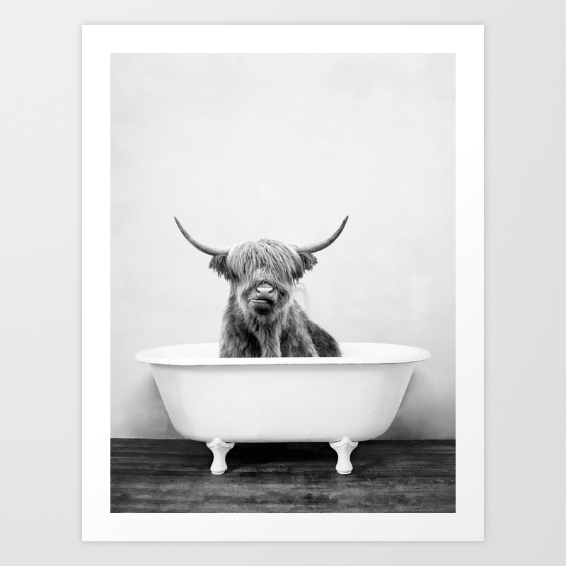 Highland Cow In A Vintage Bathtub Bw Art Print By
