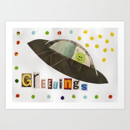 Flying Saucer Greetings Art Print | Space, Sci-Fi, Children, Collage 