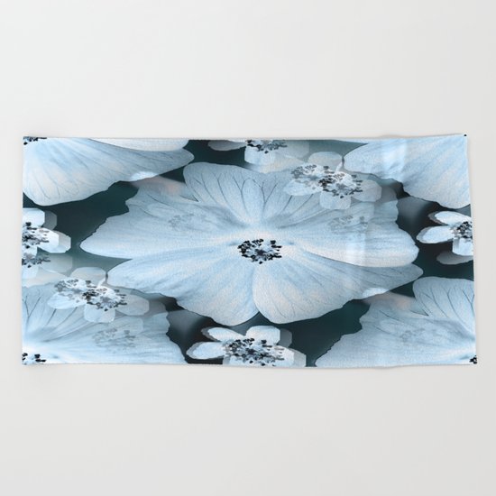 Flower-power - pastel blue flowers on a dark blue background Beach Towel