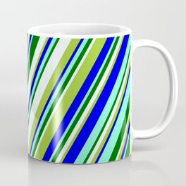 [ Thumbnail: Eyecatching Green, Blue, Aquamarine, Dark Green, and Mint Cream Colored Stripes Pattern Coffee Mug ]