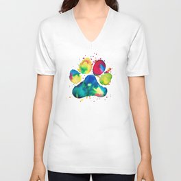 Multi-Color Paw V Neck T Shirt