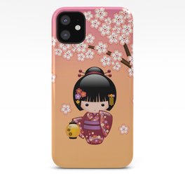 Japanese Sakura Kokeshi Doll iPhone Case | Cartoon, Geisha, Kimono, Cherryblossom, Japan, Doll, Kokeshi, Vector, Kawaii, Sakura 