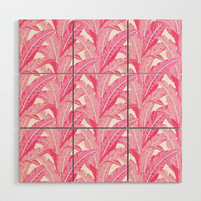 Pink banana leaves tropical pattern on white Wood Wall Art