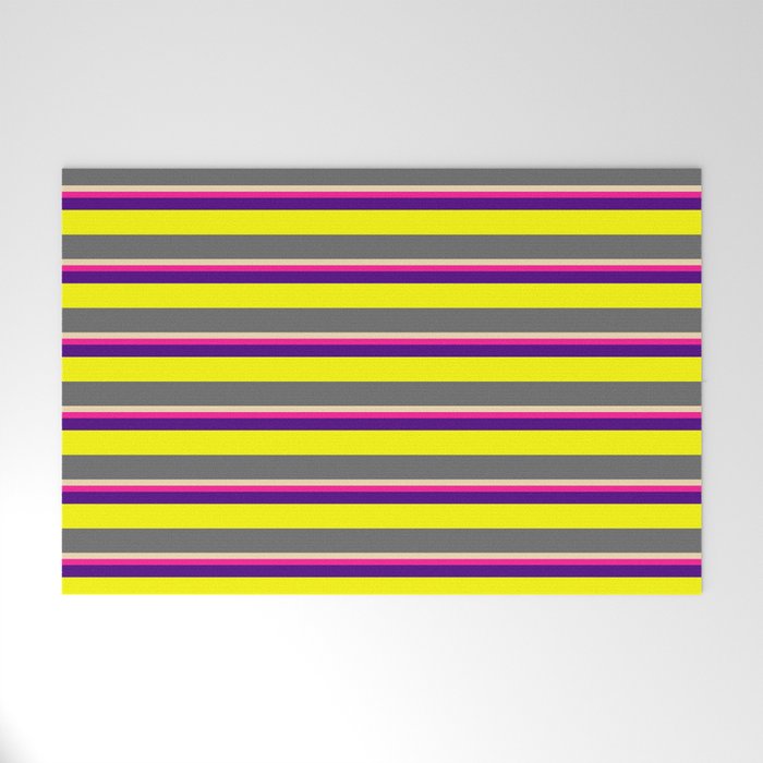 Tan, Deep Pink, Indigo, Yellow, and Dim Gray Colored Striped Pattern Welcome Mat