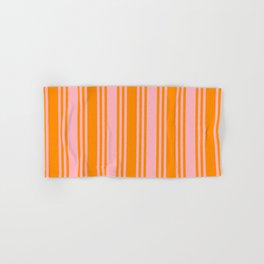[ Thumbnail: Light Pink and Dark Orange Colored Pattern of Stripes Hand & Bath Towel ]