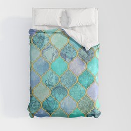 Cool Jade & Icy Mint Decorative Moroccan Tile Pattern Comforter