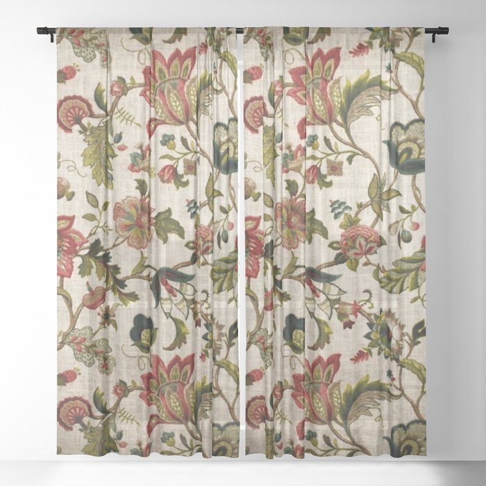 Red Green Jacobean Floral Embroidery Pattern Sheer Curtain by Vicky ...