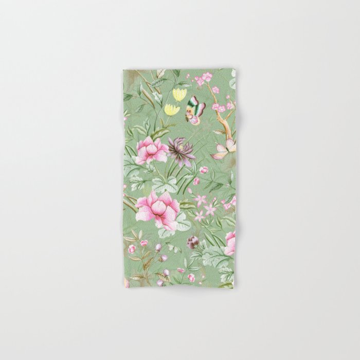 Vintage & Shabby Chic Chinoserie Pastel Spring Green Flowers And Birds Garden Hand & Bath Towel
