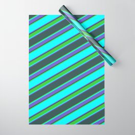 [ Thumbnail: Cyan, Slate Blue, Dark Slate Gray & Lime Green Colored Stripes Pattern Wrapping Paper ]
