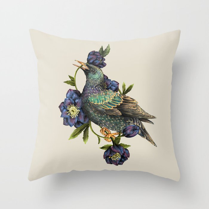 Starlings and Hellebores Throw Pillow