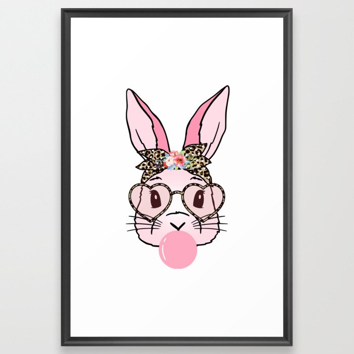 Cute Bunny With Leopard Glasses Bubblegum Easter Day T-Shirt Framed Art Print