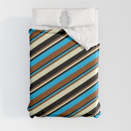 [ Thumbnail: Deep Sky Blue, Brown, Light Yellow & Black Colored Lines Pattern Duvet Cover ]