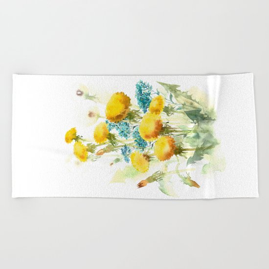 Watercolor flowers of blowball and forget-me-not Beach Towel