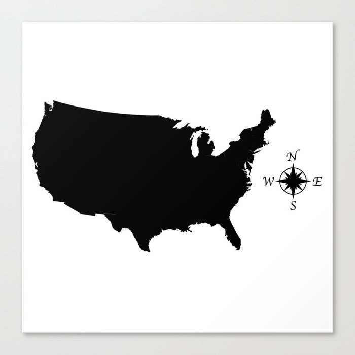 USA Outline Silhouette Map With Compass Canvas Print