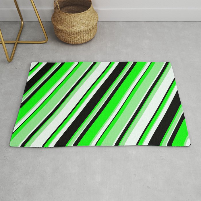 Lime, Light Green, Mint Cream & Black Colored Pattern of Stripes Rug