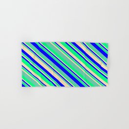 [ Thumbnail: Tan, Blue, Aquamarine & Green Colored Lines Pattern Hand & Bath Towel ]