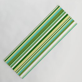 [ Thumbnail: Tan, Turquoise, Green, White, and Dark Green Colored Pattern of Stripes Yoga Mat ]