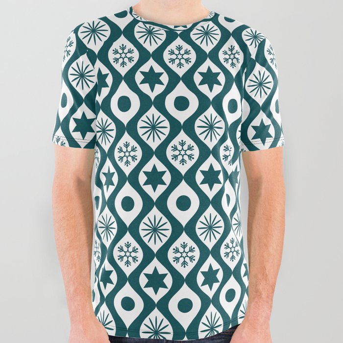 Teal Blue Retro Christmas Pattern All Over Graphic Tee