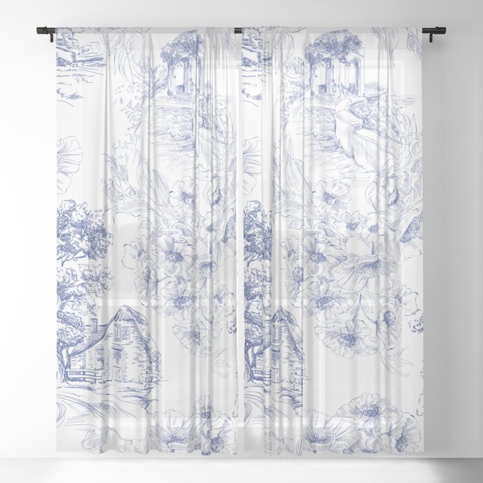 Toile de Jouy Vintage French Navy Blue White Pastoral Floral Pattern Sheer Curtain