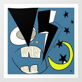 woah Art Print | Digital, Sky, Neon, Lightning Bolt, Cartoon, Stars, Buck Teeth, Drawing, Blue, Outer Space 