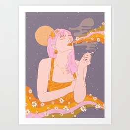 Woman Smoking Daisy Flowers Art Print