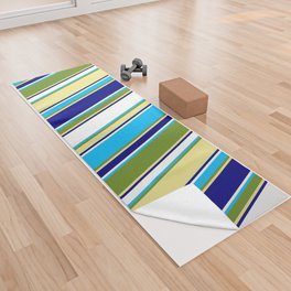 [ Thumbnail: Eyecatching Green, Deep Sky Blue, White, Blue, and Tan Colored Stripes/Lines Pattern Yoga Towel ]