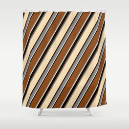 [ Thumbnail: Brown, Light Slate Gray, Tan, and Black Colored Lined/Striped Pattern Shower Curtain ]