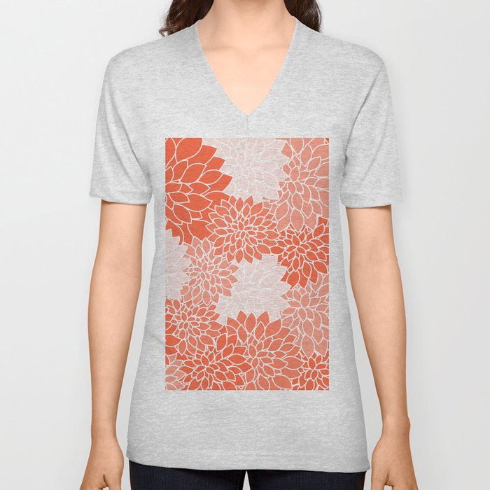 Coral Orange Elegant Flowers Collection V Neck T Shirt