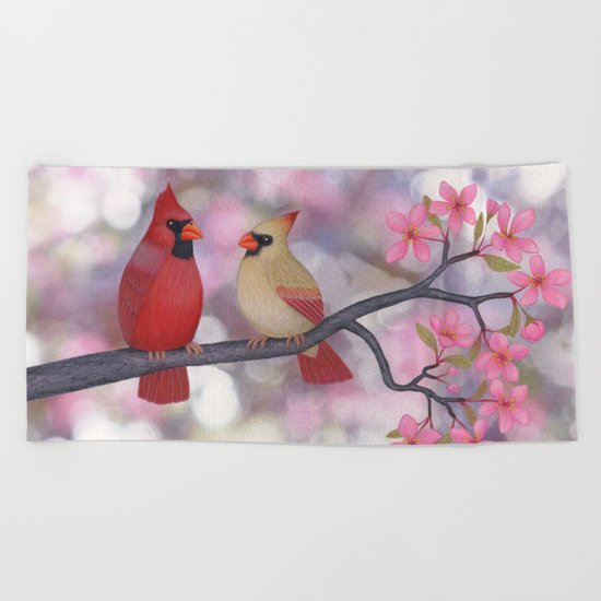 cardinals and crab apple blossoms Beach Towel