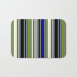 [ Thumbnail: Green, Dark Gray, Blue, Beige, and Black Colored Lined Pattern Bath Mat ]