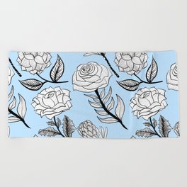 Flowers - line drawing with blue background Beach Towel