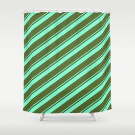 [ Thumbnail: Dark Olive Green and Aquamarine Colored Lined Pattern Shower Curtain ]