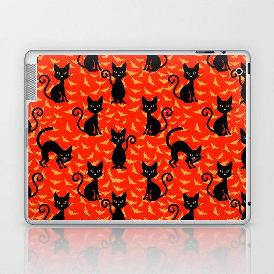 Spooky Black Cat Halloween Orange Bats Laptop & iPad Skin