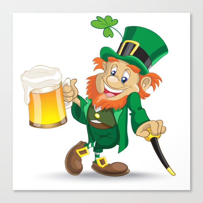St Patrick leprechaun with cup of beer and cane Canvas Print