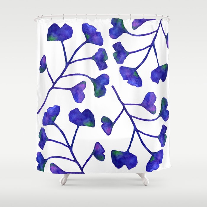 Ginkgo Leaves Watercolor Indigo on white Shower Curtain