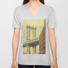 Retro stylized Manhattan Bridge seen from Dumbo, New York.  V Neck T Shirt