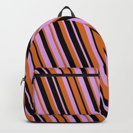 [ Thumbnail: Plum, Chocolate, and Black Colored Lines/Stripes Pattern Backpack ]