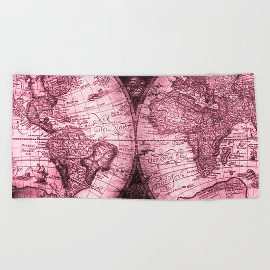 Vintage Pink Map Design Beach Towel