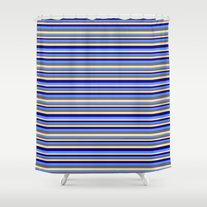 Beige, Dark Blue, Cornflower Blue, and Dim Gray Colored Stripes Pattern Shower Curtain