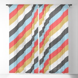 [ Thumbnail: Sky Blue, Red, Goldenrod, White & Black Colored Lines/Stripes Pattern Sheer Curtain ]