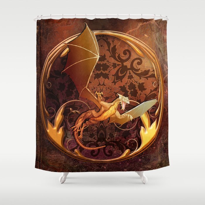 Gold Dragon Emblem On Faux Leather Shower Curtain By Lauragordon Gold Dragon Emblem On Faux Leather Shower Curtain