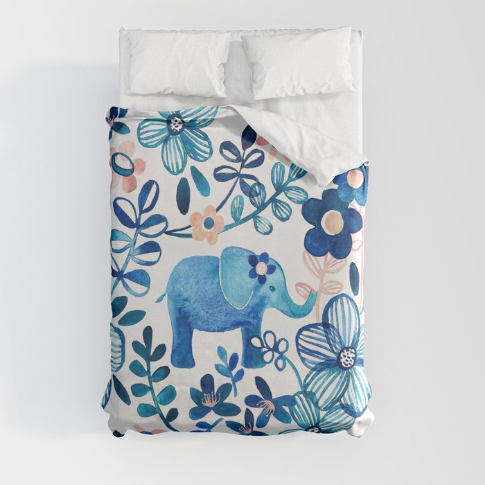 Blush Pink, White and Blue Elephant and Floral Watercolor Pattern Duvet Cover