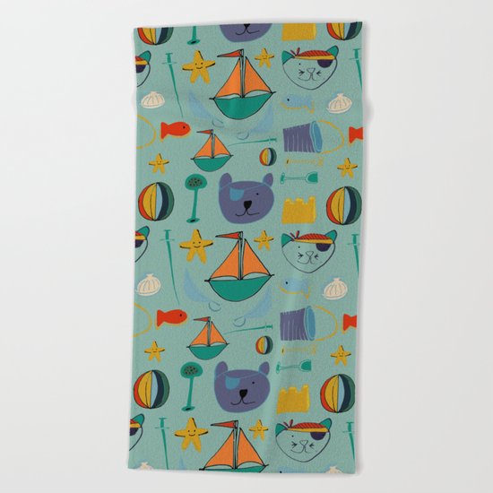 cat and bear at the beach blue green Beach Towel
