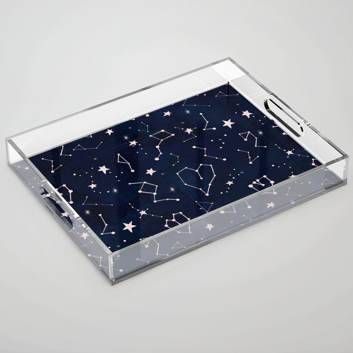 Modern Rose Gold Constellation Universe Pattern Navy Blue Watercolor Acrylic Tray By Girlytrend
